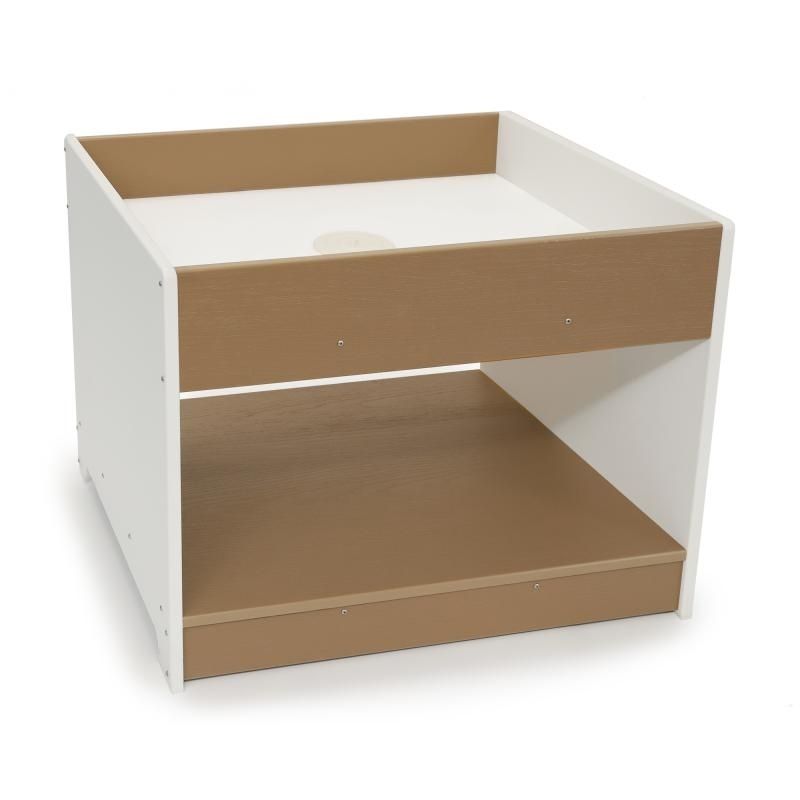 Side profile view of the Whitney Brothers outdoorED outdoor sensory table showing weatherproof HDPE construction, wide stability base, and lower storage compartment