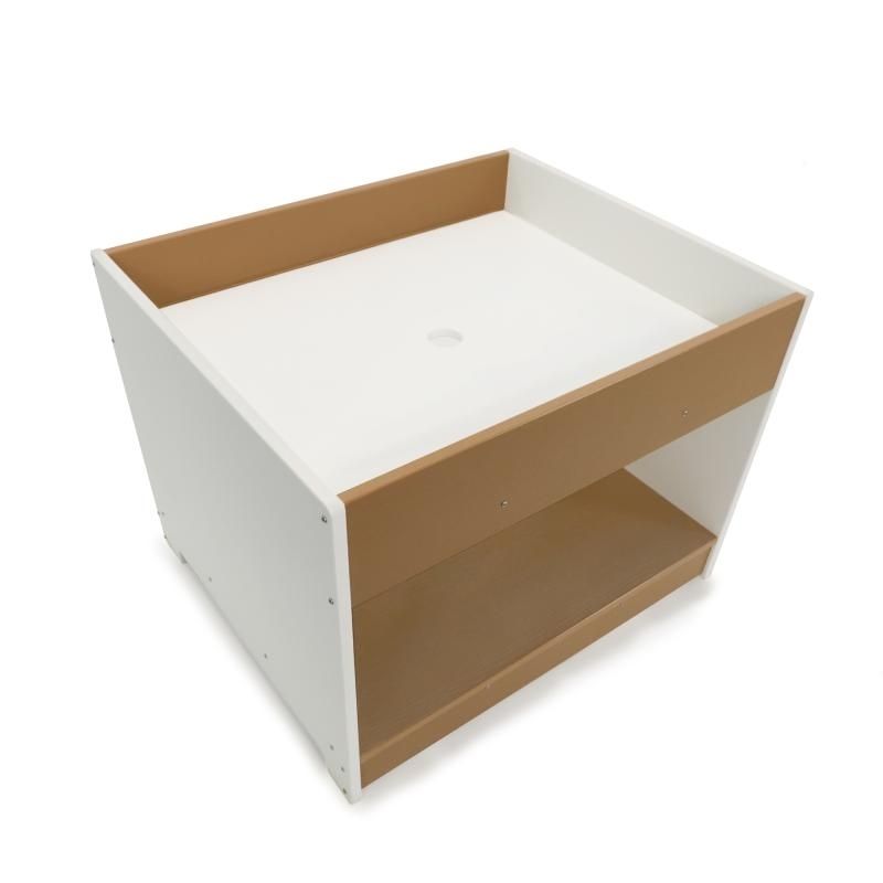 Detail top view of the Whitney Brothers outdoorED Big and Wide Table reversible top showing compartment depth configuration for outdoor sand, water, and sensory material play