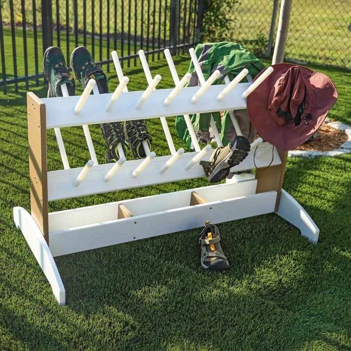 Whitney Brothers outdoorED outdoor boot rack landscape view showing full weatherproof HDPE profile, extra-wide stability feet, and two-tone woodgrain maple and polar white design