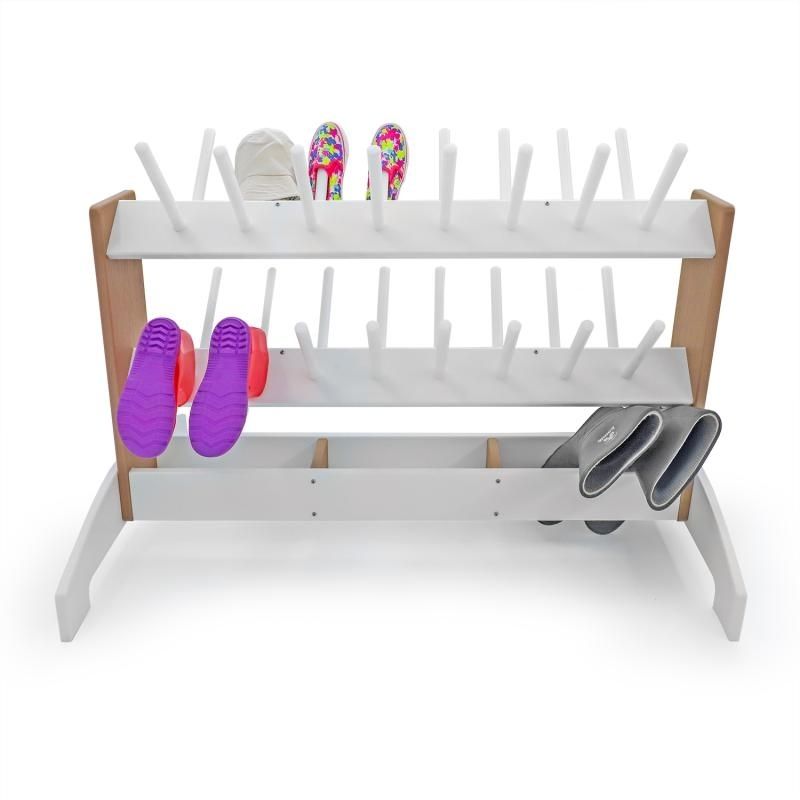 Whitney Brothers outdoorED Boot Rinse Rack portrait view showing GreenGuard Gold certified HDPE construction and open no-kickboard base for outdoor classroom gear organisation