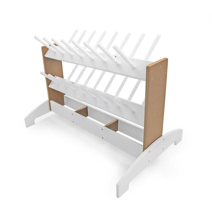 Side view of the Whitney Brothers outdoorED outdoor boot rack for schools showing rust-resistant stainless steel hardware, UV-stabilised HDPE, and open base teacher visibility design