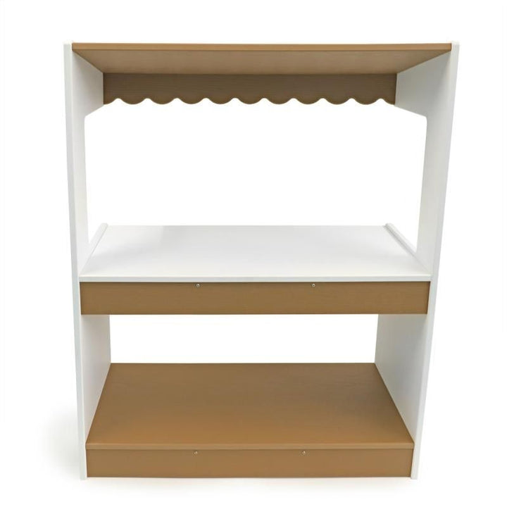 Whitney Brothers outdoorED outdoor market stand clean portrait view showing GreenGuard Gold certified HDPE construction and two-tone woodgrain maple and polar white design