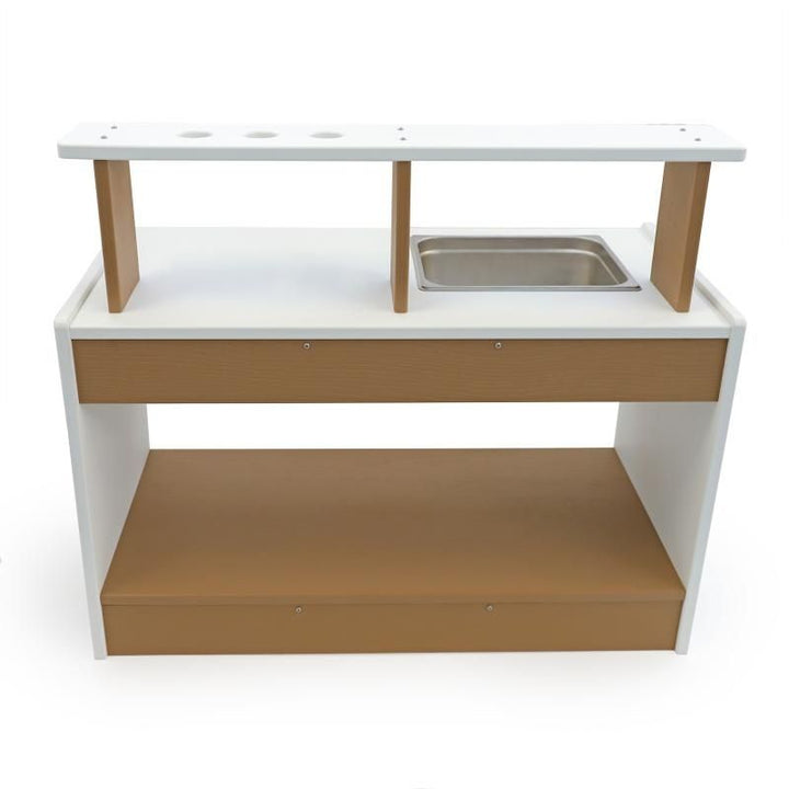 Whitney Brothers outdoorED Mud Kitchen rear view showing open lower storage shelf and stainless steel hardware on weatherproof outdoor preschool play kitchen