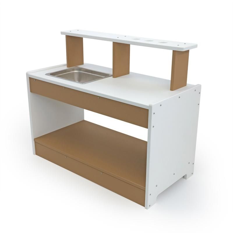 Whitney Brothers outdoorED outdoor play kitchen landscape view showing full weatherproof HDPE profile and two-tone woodgrain maple and polar white design