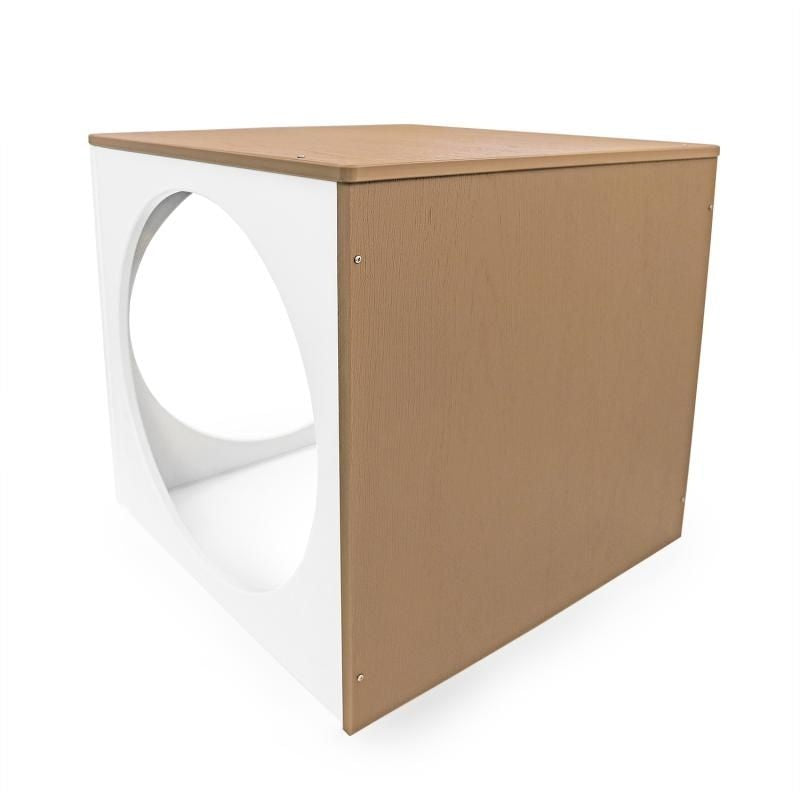 Whitney Brothers outdoor play house cube clean landscape view showing full weatherproof HDPE profile and two-tone woodgrain maple and polar white design for outdoor preschool quiet spaces