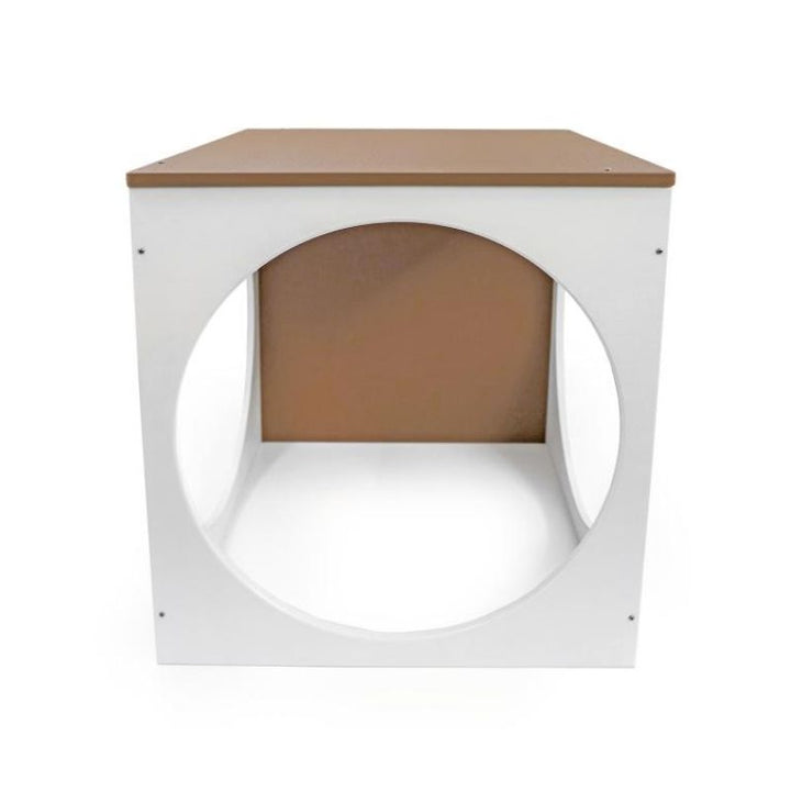 Whitney Brothers outdoorED Play House Cube clean front view showing three large circular openings, GreenGuard Gold certified HDPE construction, and safety-rounded edges