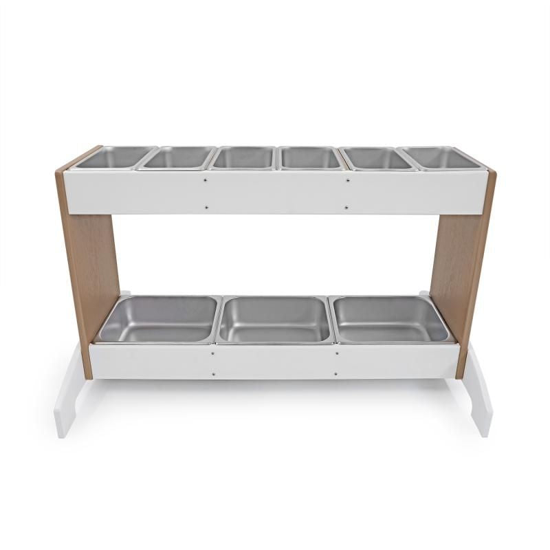 Whitney Brothers outdoorED Potion Station clean portrait view showing GreenGuard Gold certified HDPE construction, extra-wide stability feet, and two-tone woodgrain maple design