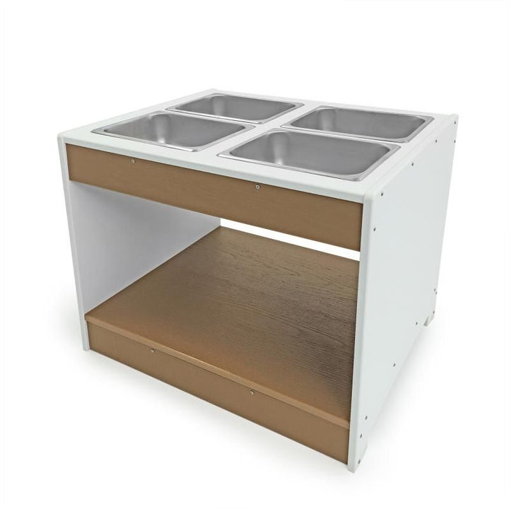 Whitney Brothers outdoorED outdoor sensory table full landscape view showing weatherproof HDPE construction and four-tray configuration for preschool sensory play