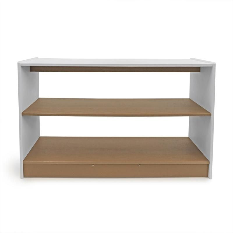 Whitney Brothers outdoorED Storage Shelf clean front view showing three-level open outdoor classroom storage with textured woodgrain maple and polar white HDPE finish