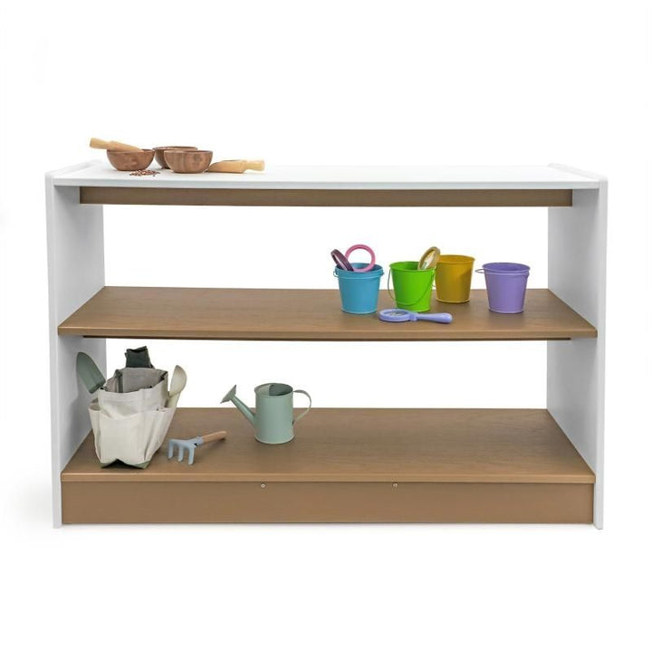 Whitney Brothers outdoorED Storage Shelf with toys and outdoor curriculum materials organised across three shelves, shown in outdoor classroom setting