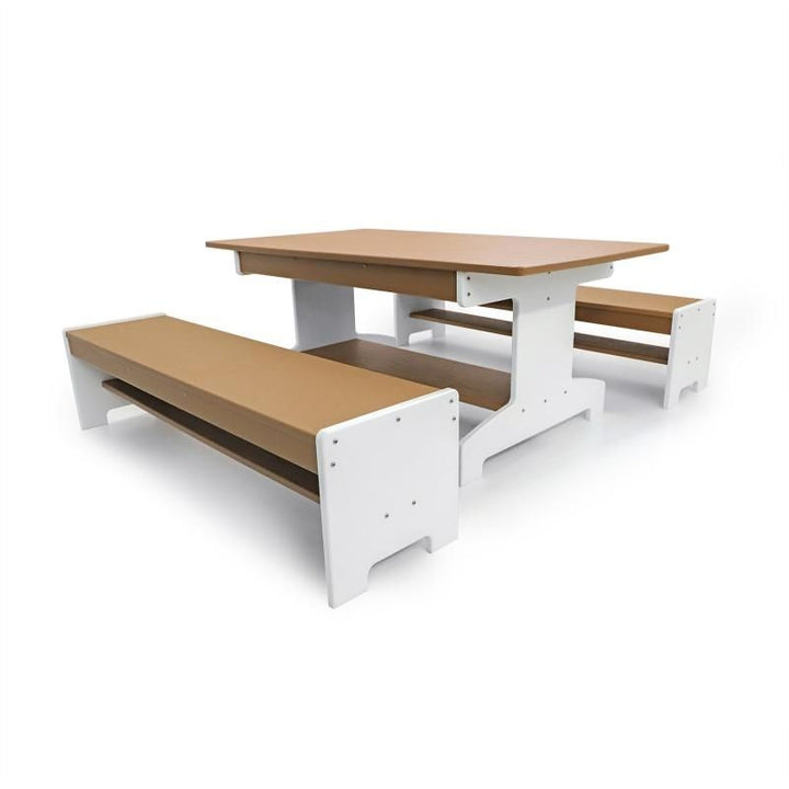 Whitney Brothers outdoorED Table and Two Benches Set in landscape orientation, showing full set profile and ergonomic seating arrangement for early childhood outdoor learning