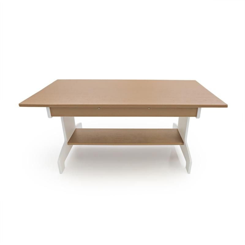 Whitney Brothers outdoorED Table and Two Benches Set in portrait orientation, showing two-tone woodgrain maple and polar white HDPE design