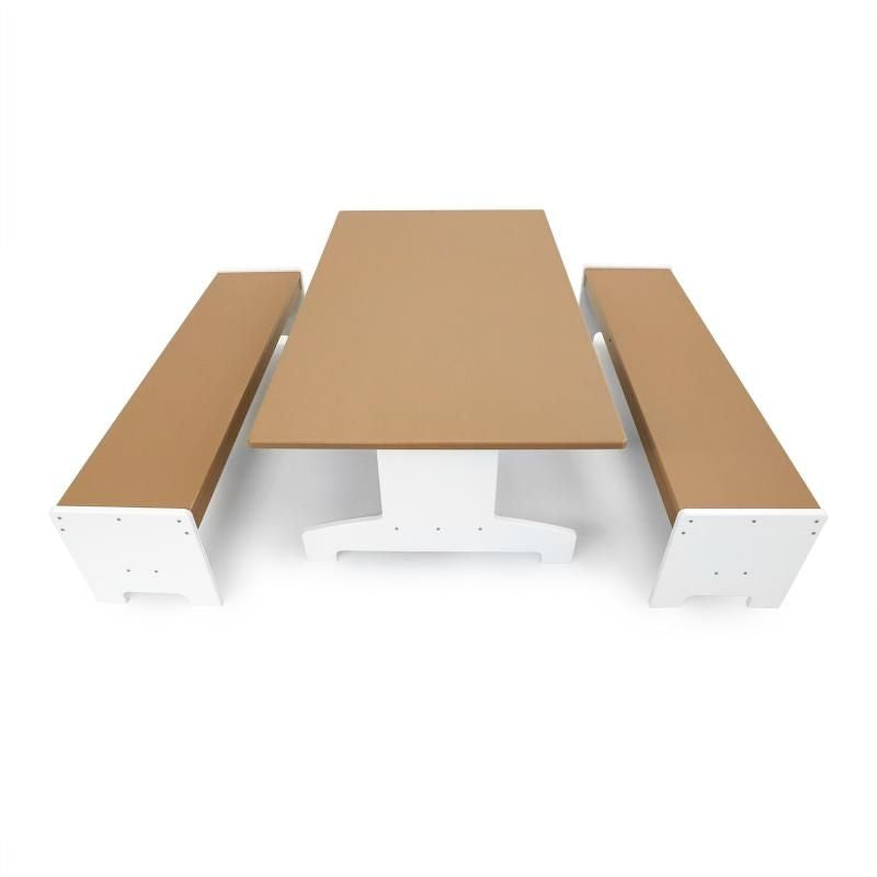 Alternate overhead view of Whitney Brothers outdoorED outdoor table and bench set, showing UV-stabilized HDPE surface detail and coordinated collection design