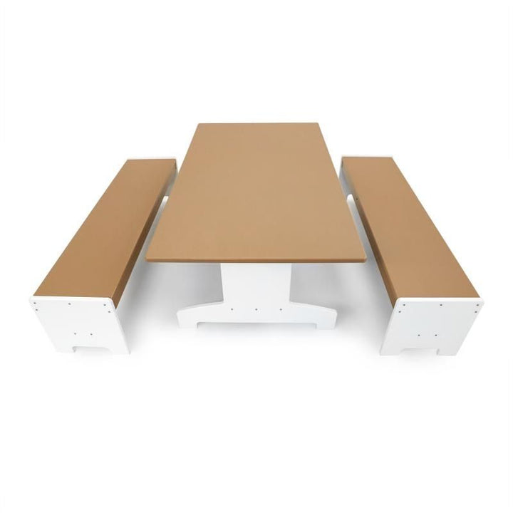 Alternate overhead view of Whitney Brothers outdoorED outdoor table and bench set, showing UV-stabilized HDPE surface detail and coordinated collection design