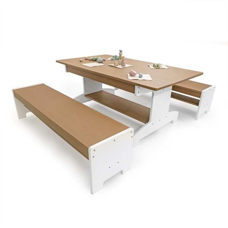 Overhead view of the complete Whitney Brothers outdoorED three-piece outdoor classroom furniture set, showing table and bench proportions and storage shelving