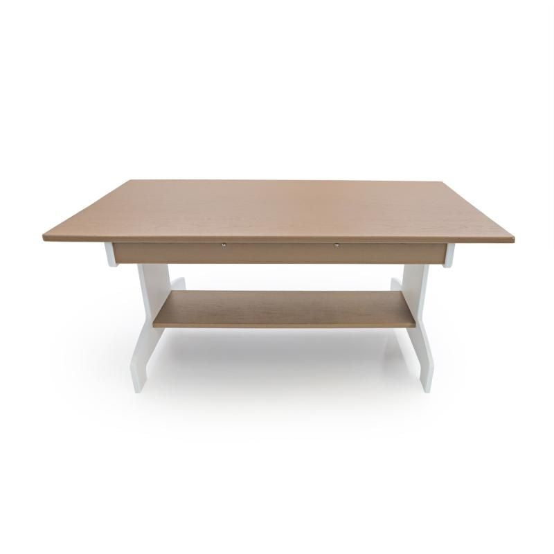 Whitney Brothers outdoorED Classroom Table clean landscape view showing two-tone woodgrain maple and polar white HDPE construction with built-in lower storage shelf