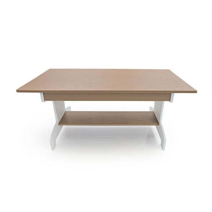 Whitney Brothers outdoorED Classroom Table clean landscape view showing two-tone woodgrain maple and polar white HDPE construction with built-in lower storage shelf