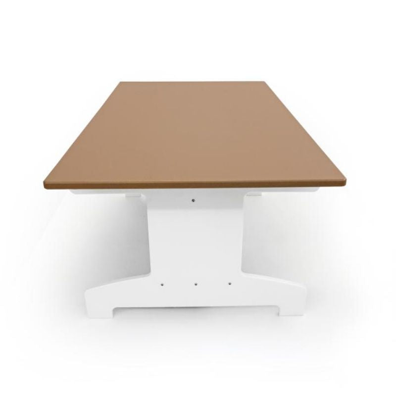 Whitney Brothers outdoorED outdoor preschool table clean side profile showing sculpted leg design, GreenGuard Gold certified HDPE construction, and lower shelf
