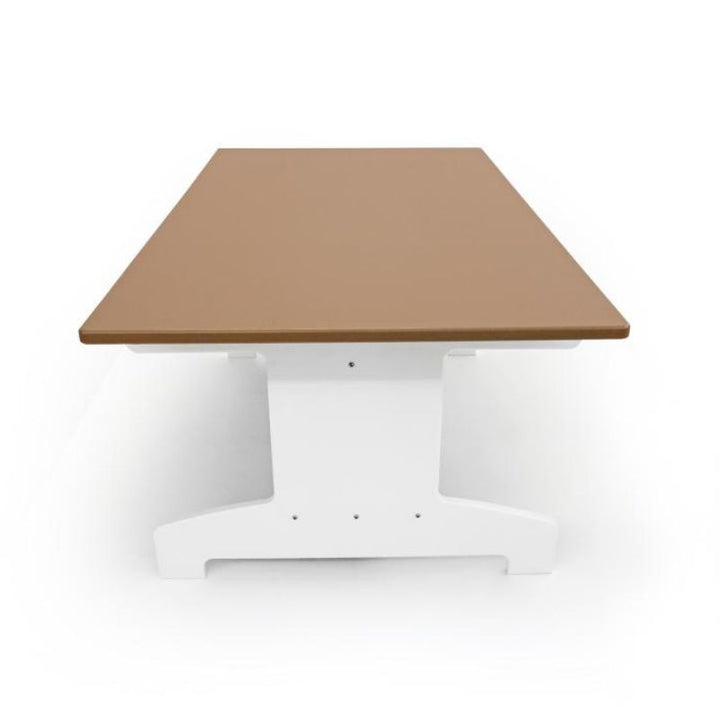 Whitney Brothers outdoorED outdoor preschool table clean side profile showing sculpted leg design, GreenGuard Gold certified HDPE construction, and lower shelf