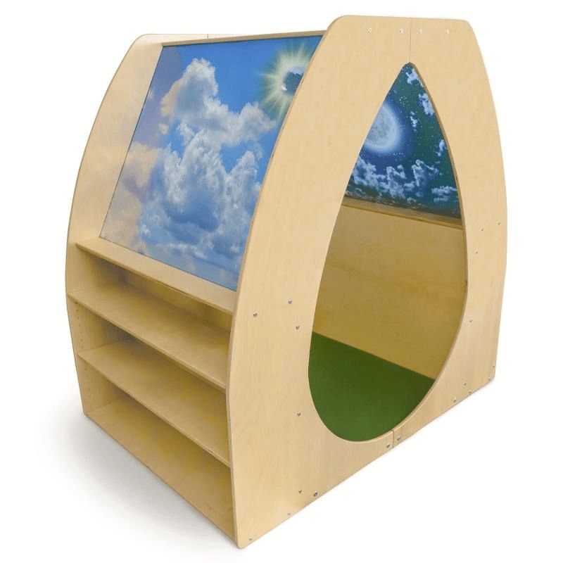Clean product view of the Whitney Brothers Sky View Sanctuary WB1213 showing the full 58.75"x58.75" birch plywood structure with curved openings and shatterproof day sky acrylic panels
