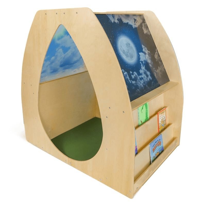 Left side view of the Whitney Brothers Sky View Sanctuary showing the two adjustable exterior shelves and the shatterproof acrylic sky panel of the nature-inspired quiet space classroom structure