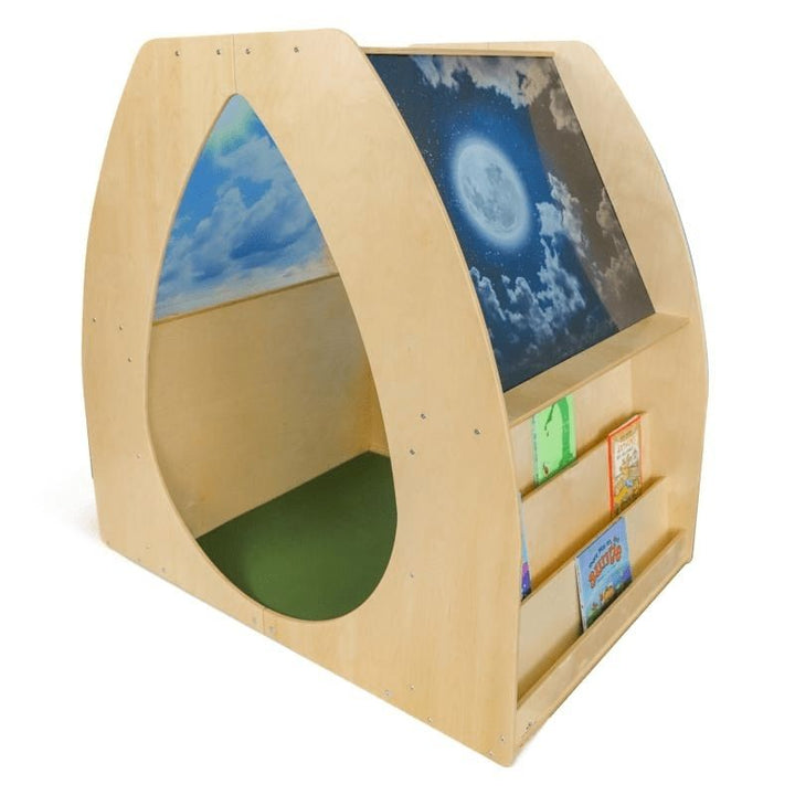 Left side view of the Whitney Brothers Sky View Sanctuary showing the two adjustable exterior shelves and the shatterproof acrylic sky panel of the nature-inspired quiet space classroom structure