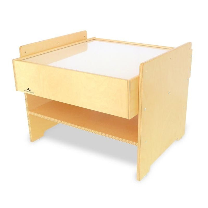 Clean product view of the Whitney Brothers Superbright LED Light Table WB0724 showing the compact 25.5"x24.5" birch plywood construction and adjustable-height LED sensory light table