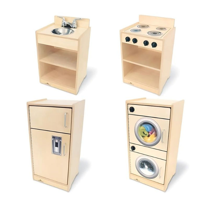 Whitney Brothers Let's Play Toddler Kitchen Ensemble Natural four-part view showing all four individual toddler kitchen units - stove, sink, refrigerator, and washer/dryer - side by side