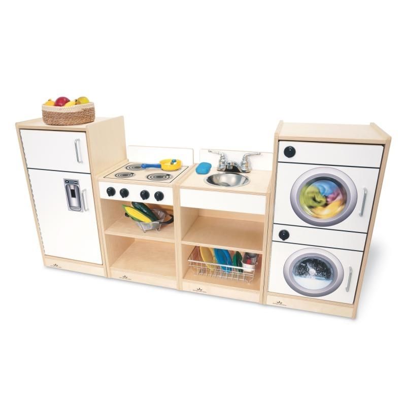 Whitney Brothers Let's Play Toddler Kitchen Ensemble Natural toddler play view - please confirm this image shows the Natural (WB2070) variant before publishing this alt text