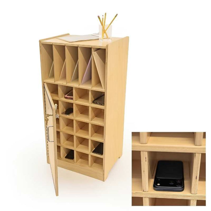 Whitney Brothers WB1217 Cell Phone Locker with door open and smartphones stored in all 20 individual cubbies, with folder dividers in use above and key visible in the keyed lock