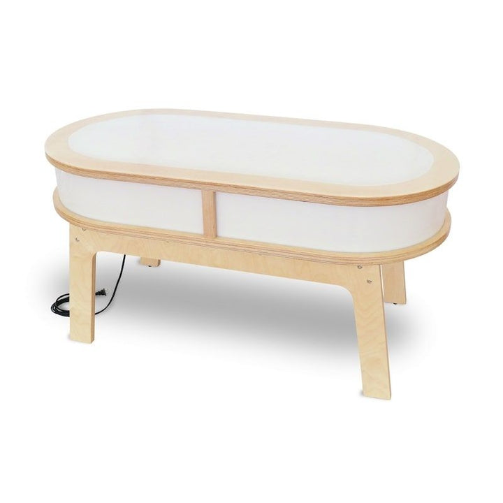 Clean product view of the Whitney Brothers Whitney Plus Radiant LED Light Table showing the 47"x23.5" birch plywood construction, curved corners, and illuminated LED top and side panels