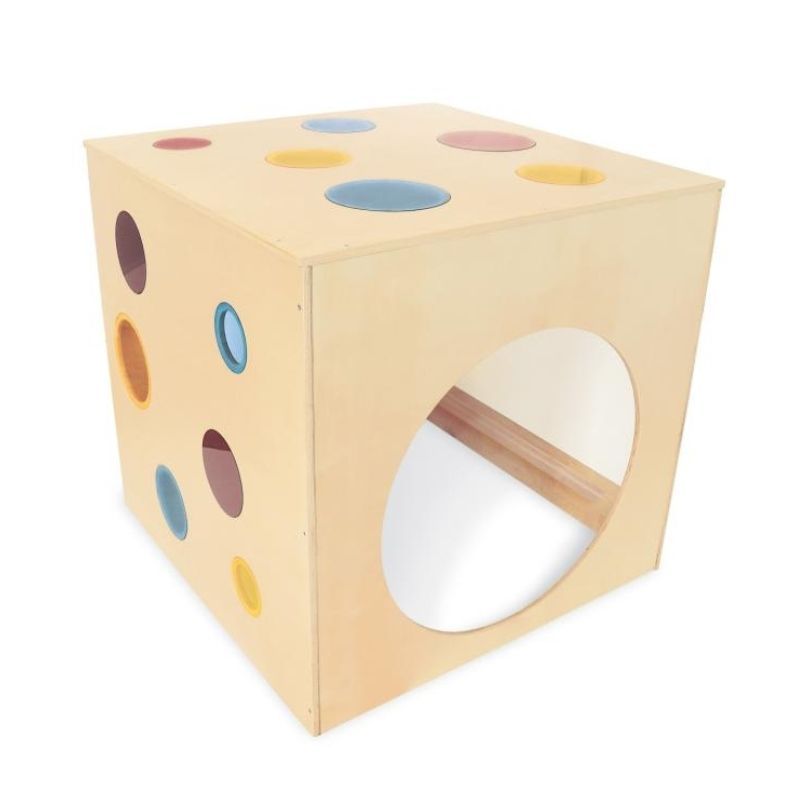 Portrait view of the Whitney Brothers Whitney Plus Porthole Play House Cube showing the full birch plywood structure with colourful acrylic porthole panels and tunnel side opening