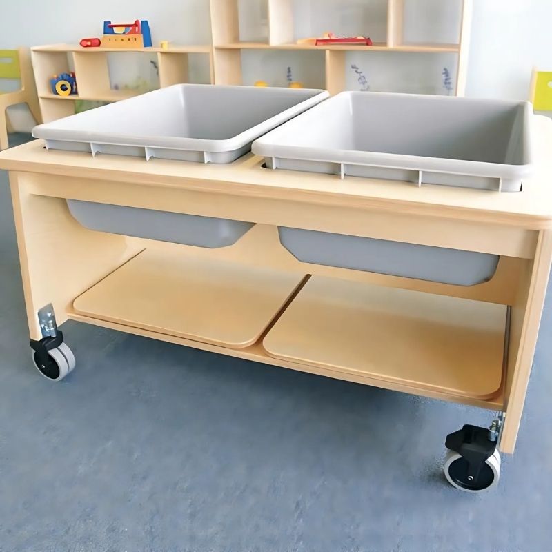 Whitney Brothers Whitney Plus Two Tub Sand & Water Table front view with covers removed, showing both 12-gallon FDA-approved polymer tubs open and ready for sand and water sensory play