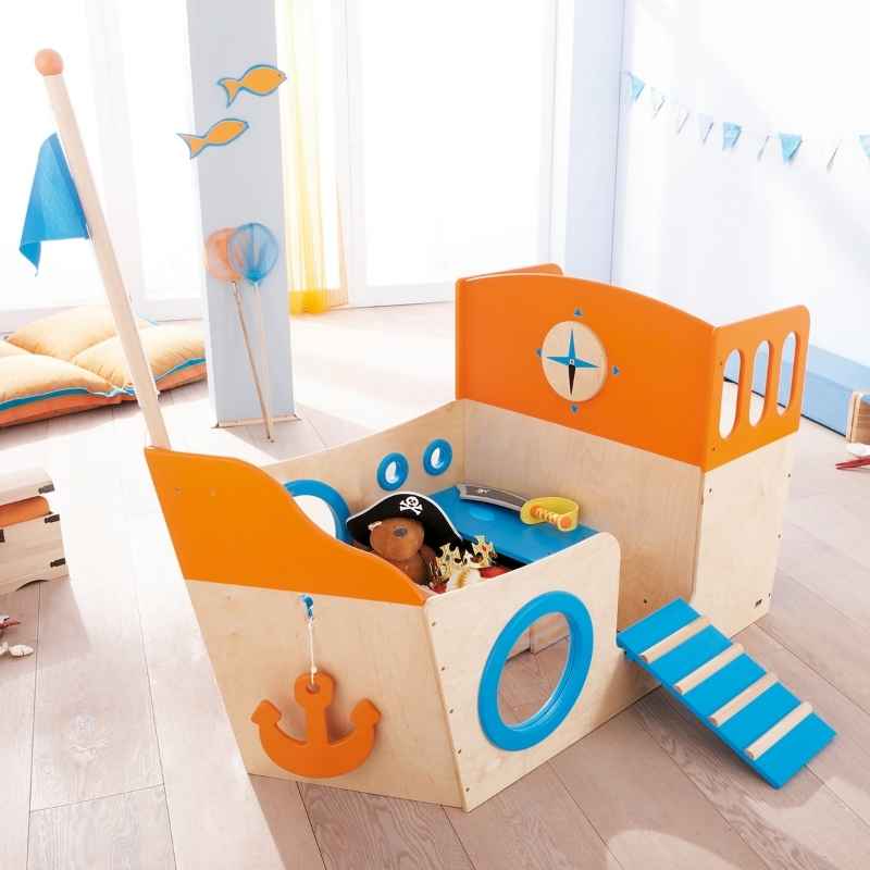 HABA Play Sailboat wooden playhouse set up in a playroom, an indoor playhouse for classrooms and daycares